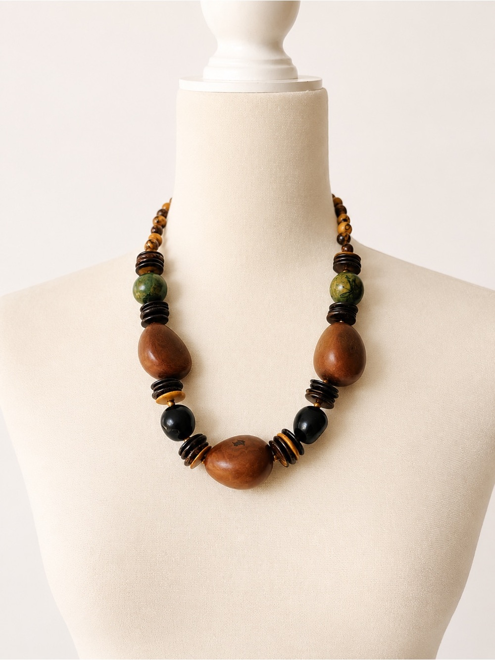 Handmade Brown & Green Wooden & Natural Seed Bead Necklace